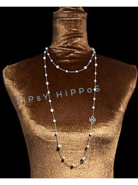Beautiful Tory Burch Britten Silver Chain Link and Pearl Long Necklace